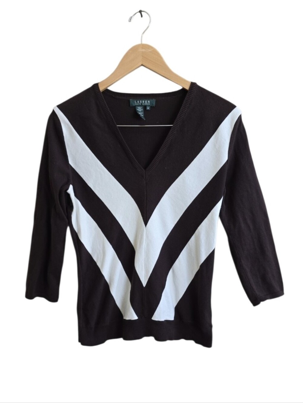 Vintage Lauren Ralph Lauren Dark Brown & White Chevron 3/4 Sleeve Top. Medium
